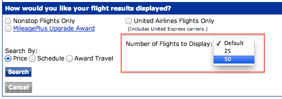 Always show 50 search results on United's site